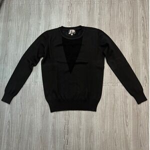 Line and Dot Black Knit Sweater w/ Sheer Mesh V-Panel Womens XS